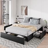 Allewie Full Size Platform Storage Bed Frame with 3 Drawers, Black | Faux Leather Upholstered, Wooden Slats Support, No Box Spring Needed, Noise Free, Easy Assembly