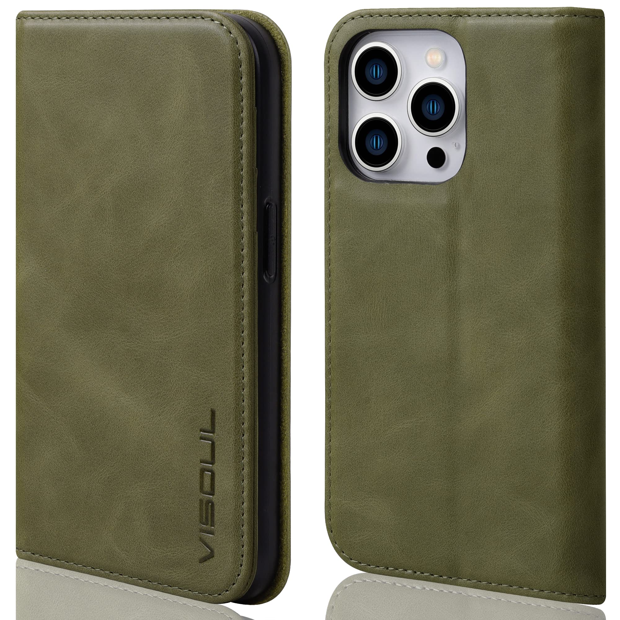 VISOUL Wallet Case for iPhone 14 Pro,Genuine Leather Magnetic Close Flip Folio Wallet Cover With Card Slots Kickstand Book Shockproof TPU Inner Shell for Protective iPhone 14 Pro Green A
