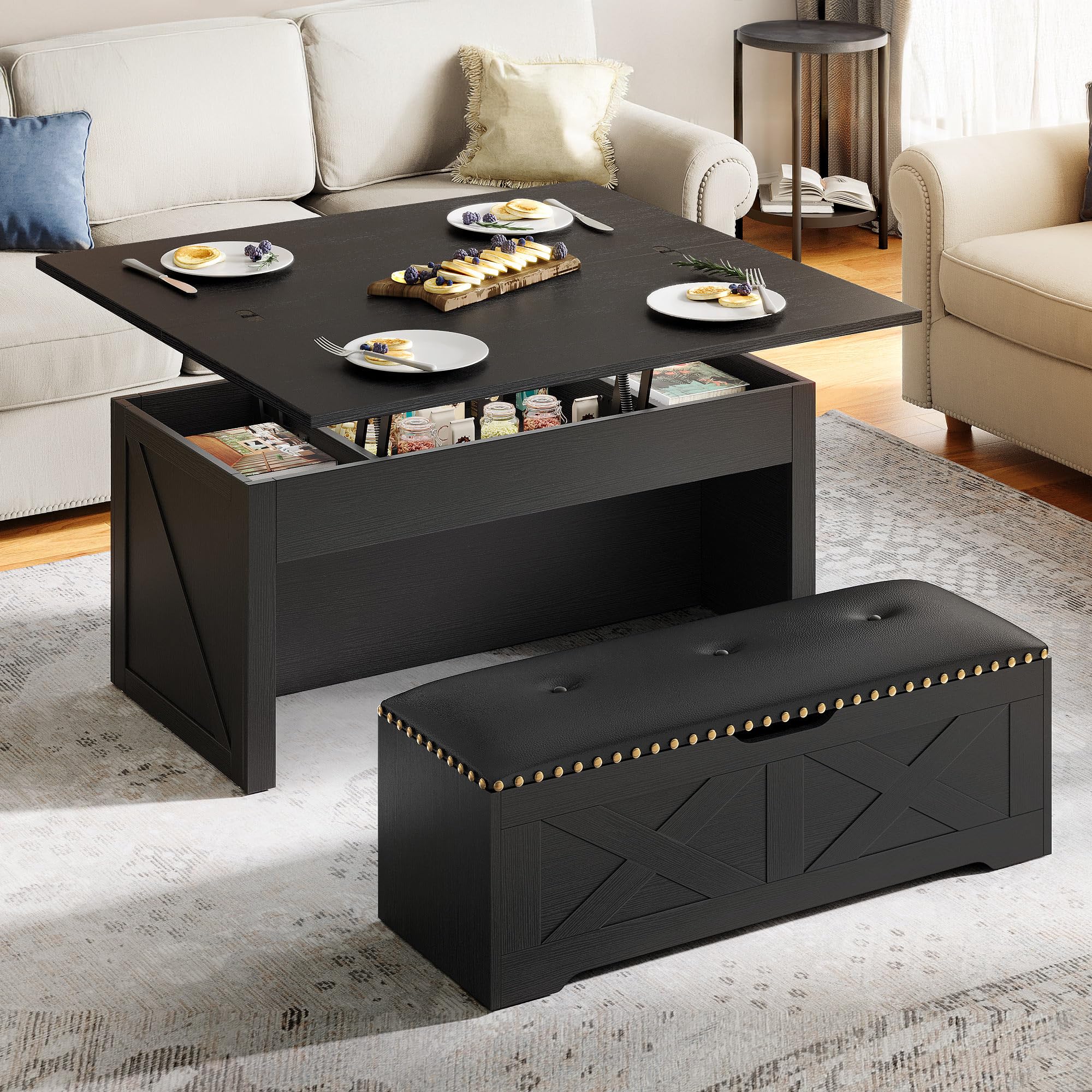 Photo 1 of YITAHOME Lift Top Coffee Table Set with Storage Ottoman Bench & Wheels, 4 in 1 Convertible Dinning Center Tables with Hidden Compartment, Farmhouse Coffee Tables for Living Room Furniture, Black