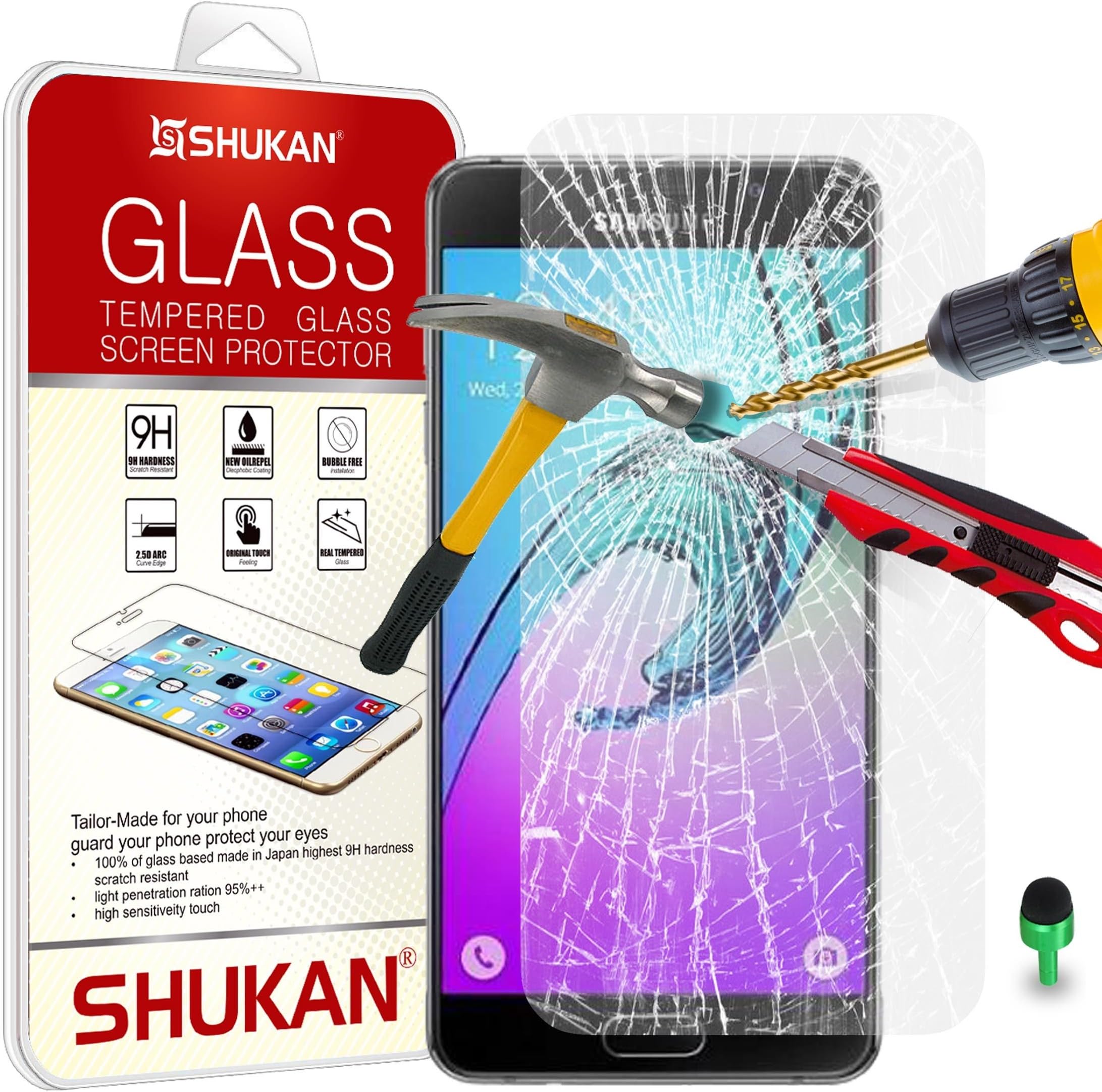 SHUKAN® FOR Samsung Galaxy A5 2017 - Premium Tempered Glass Screen Protector Guard Ultra Thin Lightweight Rounded Edge 9H Hardness with Cleaning Cloth with GREEN Dust Stopper [TG-D4]