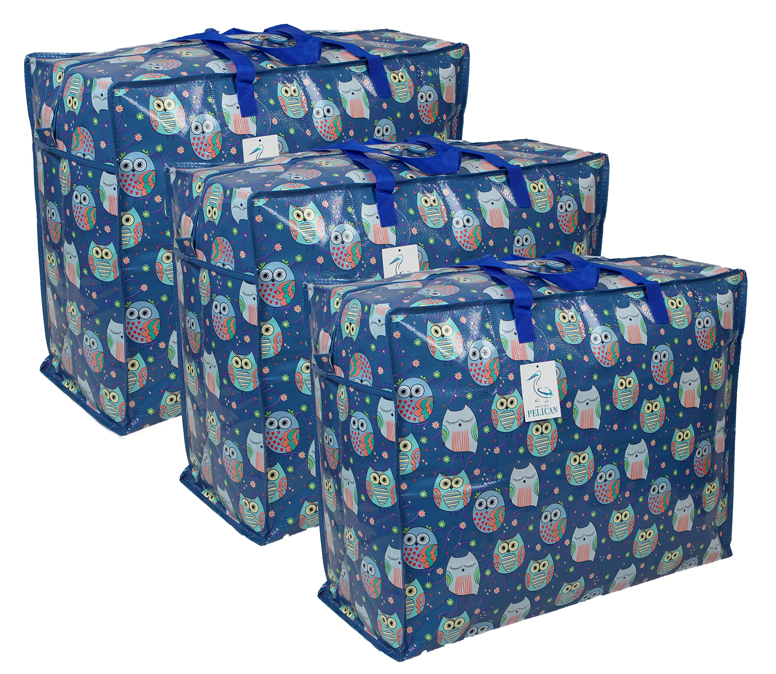 Storage Bags Water & Dust Resistant. Double zipped storage bags for toys, laundry, bedding. Underbed Wardrobe Space Saver Sleepy Owls print (65 ltr 3x Pack)