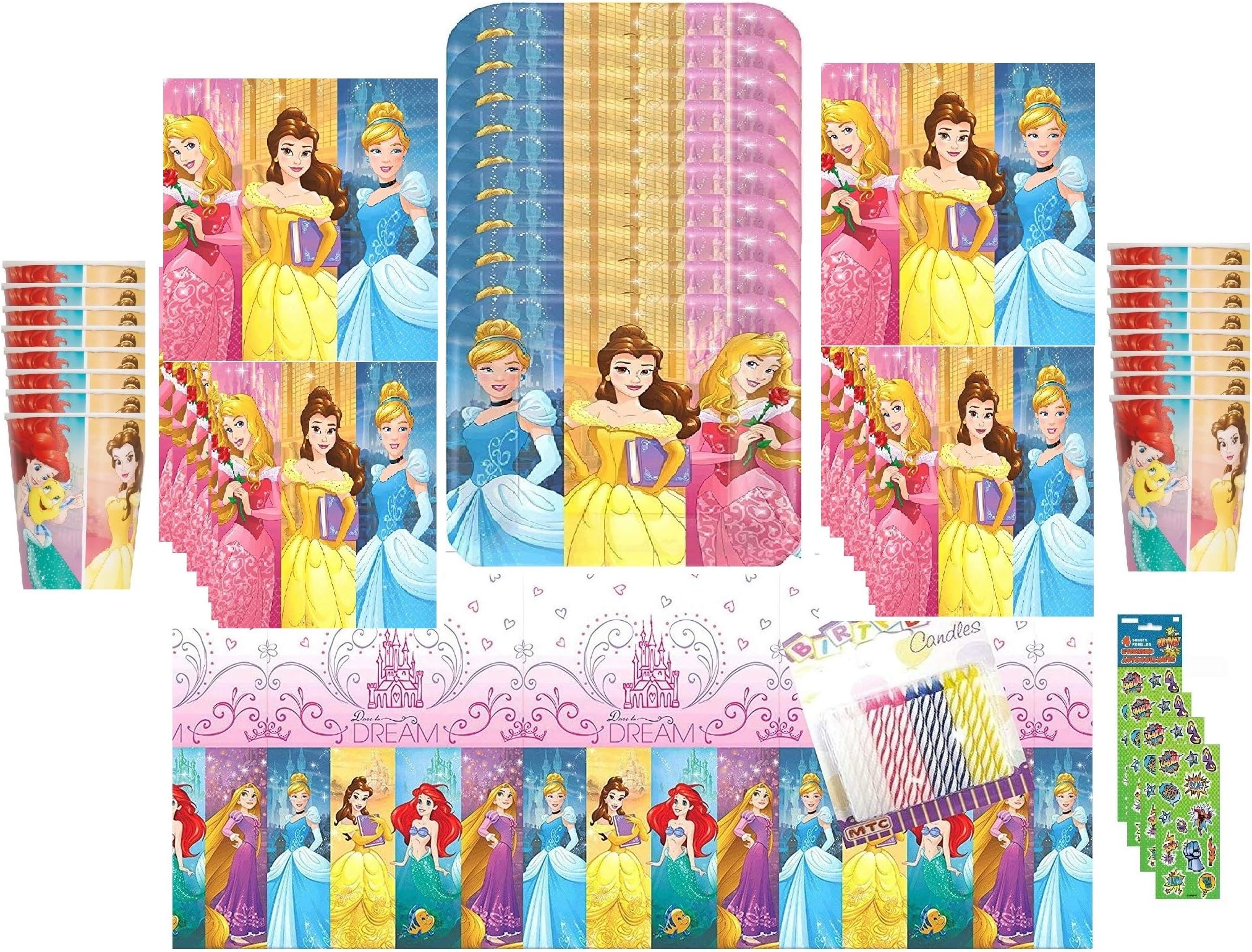 Disney Princess Dream Big Birthday Party Supplies, Complete Pack for 16 Guests, Includes Plates, Cups, and Napkins