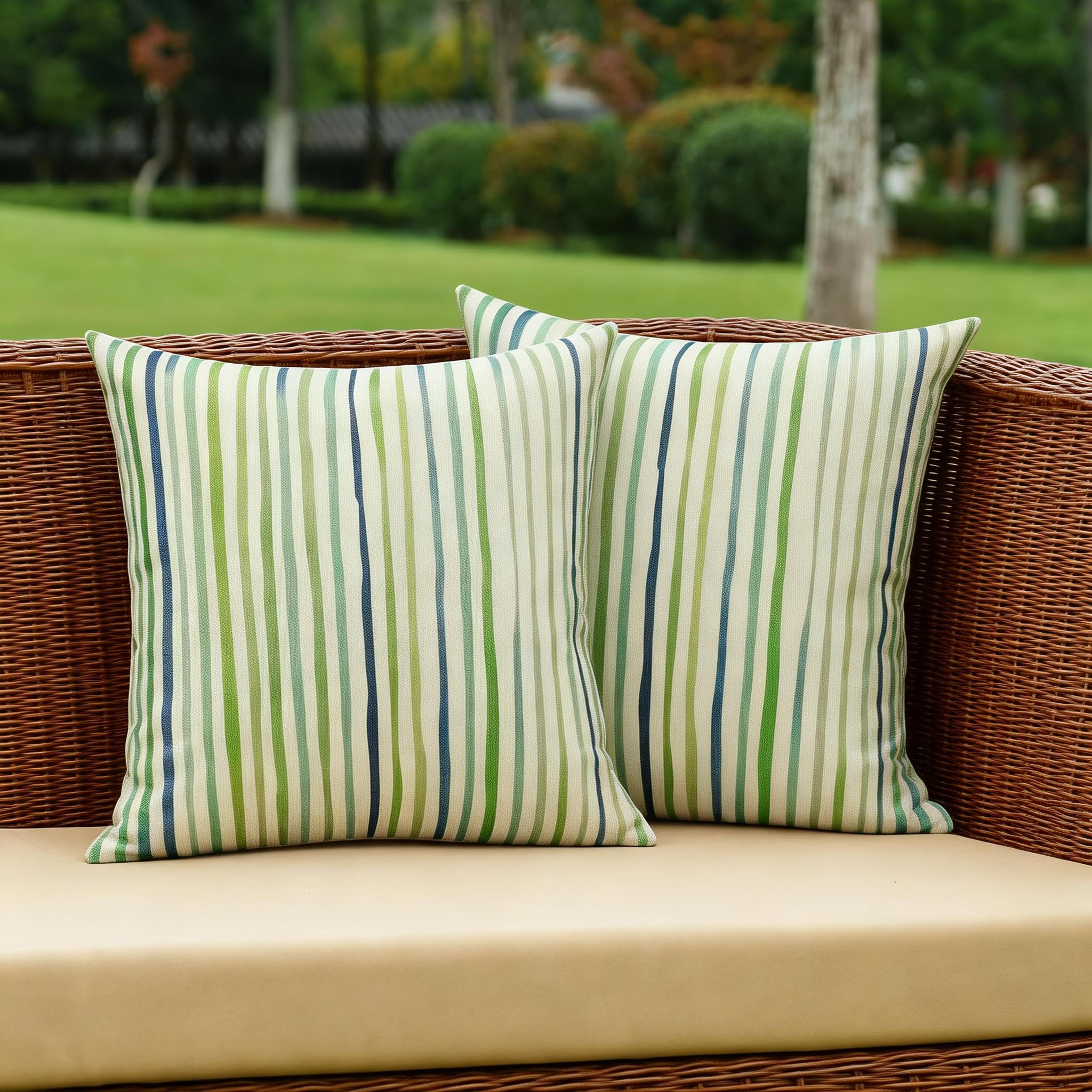 All Smiles Outdoor Green Throw Pillow Covers for Patio Bench Garden Porch Sunbrella Furnitures Sage Lines Stripes Cushion Cases Decorative 16x16 Set of 2 for Sofa Couch
