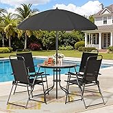 Shintenchi 6 Piece Patio Dining Set with Umbrella, Outdoor Furniture Set with 4 Folding Chairs and Tempered Glass Top Dining 