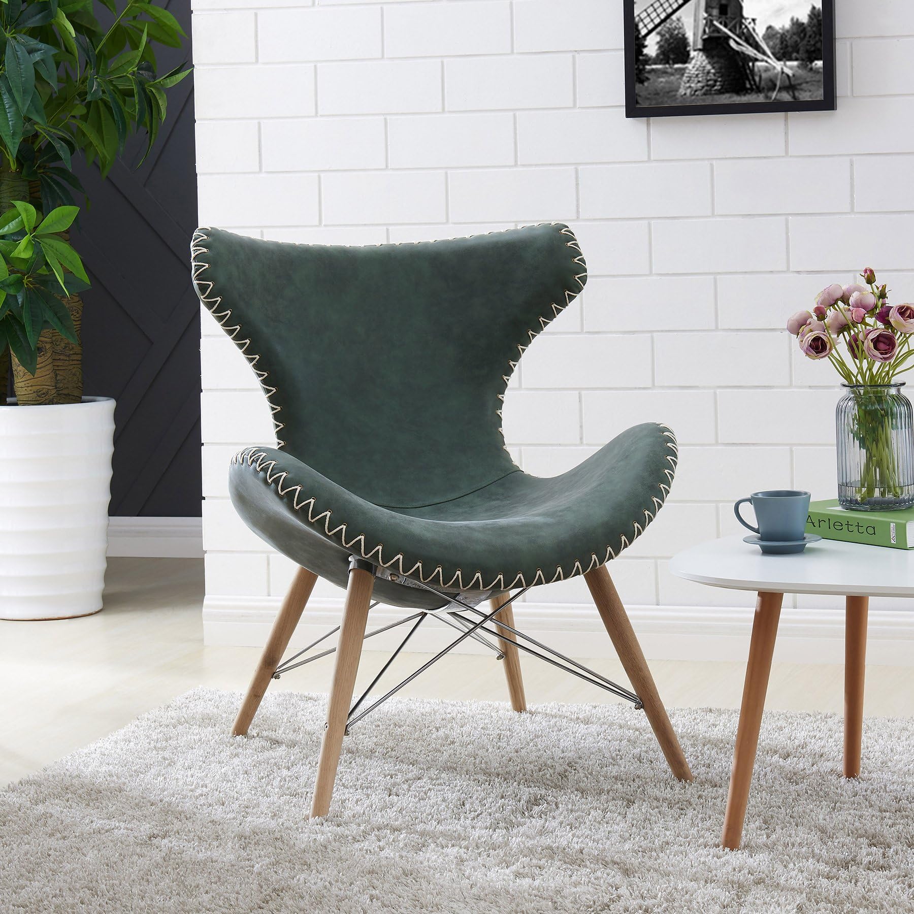 New Pacific Direct Ceylon PU Leather Accent Chair,Natural Solid Wood Legs,Antique Green