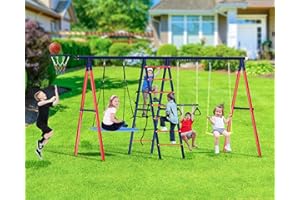 BUPPLEE Swing Sets for Backyard, 6 in 1 Multifunction Swing Set Outdoor for Kids 3-12, Heavy Duty Metal Swing Sets with 2 Swings Climbing Ladder and Nets, Trapeze Bar, Basketball HoopPlayset