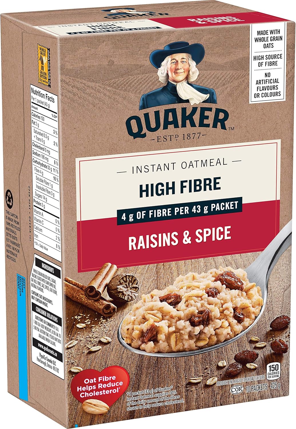 Instant Quaker Oats Quaker High Fibre Raisins and Spice Instant Oatmeal