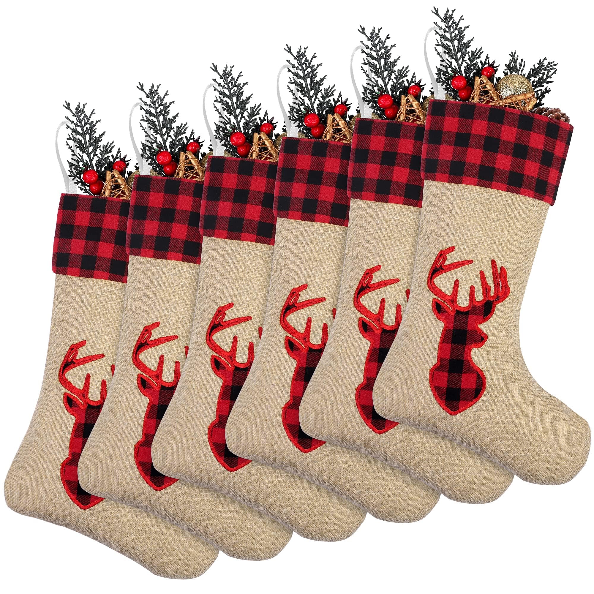 Photo 1 of ANVAVO 6 Pack Burlap Felt Christmas Stockings 18 Inch Large Burlap Xmas Stockings with Red and Black Buffalo Plaid Cuff Fireplace Hanging Stockings Decoration Stockings for Family Holiday Xmas Party
