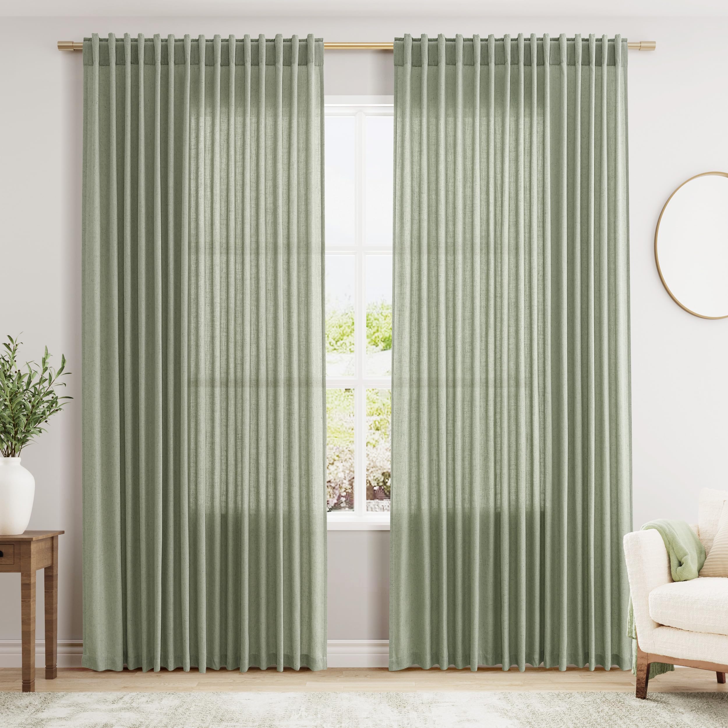 Photo 1 of 1 PANEL** Extra Wide 100 Inch Linen Curtains for Living Room Divider Light Filtering Semi Sheer Back Tab Patio Curtains for Sliding Door Sage Green Coastal Decor Sunroom Floor to Ceiling Window Curtain 100x84