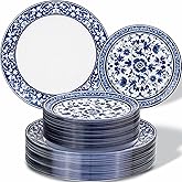 Hioasis 60pcs Blue Plastic Plates Set - Floral Blue & White Porcelain Design, 10.25" Dinner & 7.5" Dessert Plates Disposable for Wedding (Dishwasher Safe, Art Style)