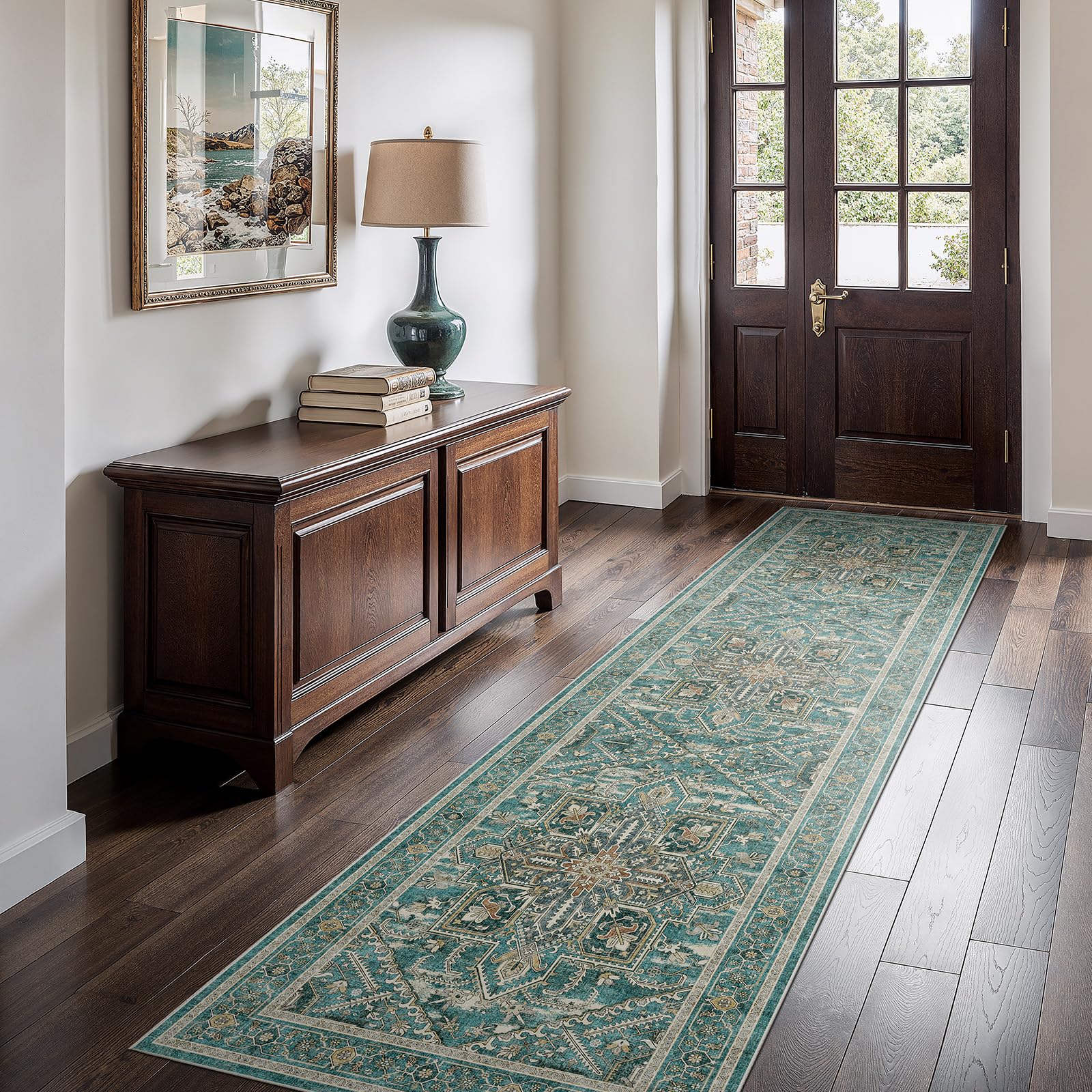 WITSHOCK Teal Wshable Runner 3x12: Long Runner Rug Boho Soft Low Pile Stain Resistant Foldable Carpet for Bedroom Hallway Entryway Kitchen Indoor Entrance, Vintage Distressed Farmhouse Home Decor Image