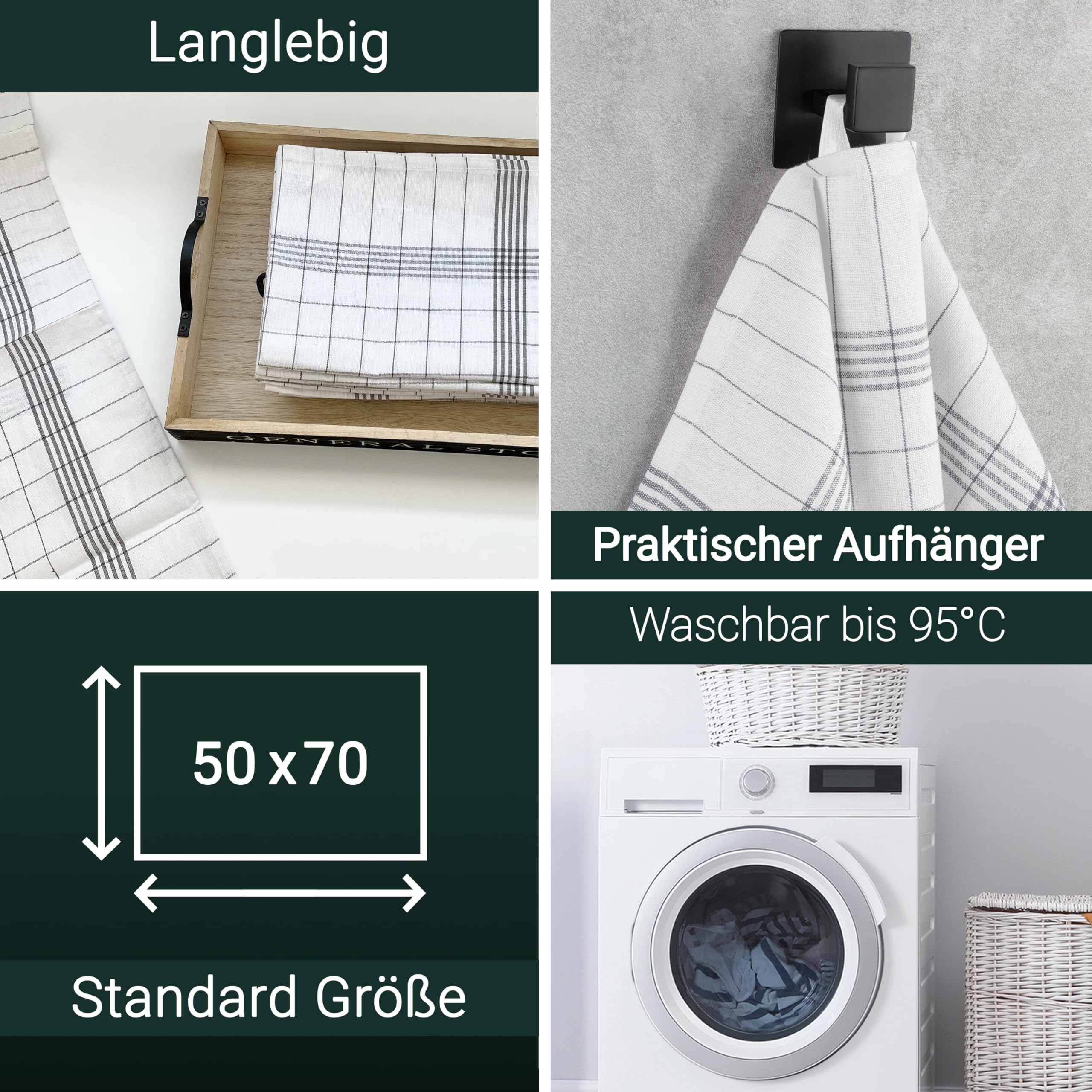 ZOLLNER 10er Set Geschirrtücher Baumwolle in 50x70 cm - super saugstarke und langlebige Küchentücher - waschbar bis 95°C – in grau weiß kariert - Gastronomiequalität - Oeko Tex® Zertifiziert 4