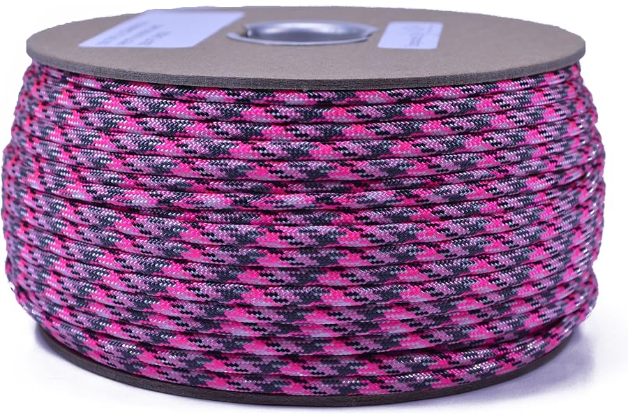 Bored Paracord - 1', 10', 25', 50', 100' Hanks & 250', 1000' Spools of Parachute 550 Cord Type III 7 Strand Paracord Well Over 300 Colors - Pink Camo - 100 Feet