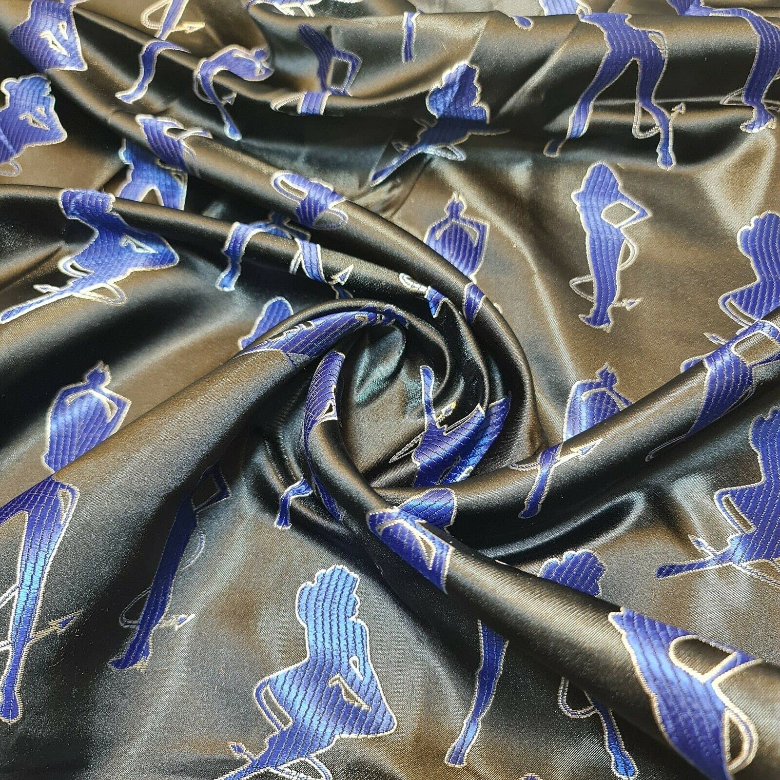 Oriental Devil Dancers Print Traditional Chinese Embroidered Brocade/Poly Silk Satin Premium Quality Dress Craft Fabric Material 44" - 112cm Wide Sold As 1 Meter Pre - Cut Lengths (Black)