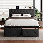 iPormis Full Bed Frame with 2 Storage Drawers, Linen Upholstered Headboard Platform Bed with Charging Station, No Box Spring Needed, Metal Slats Support, Noise-Free, Easy Assembly, Black