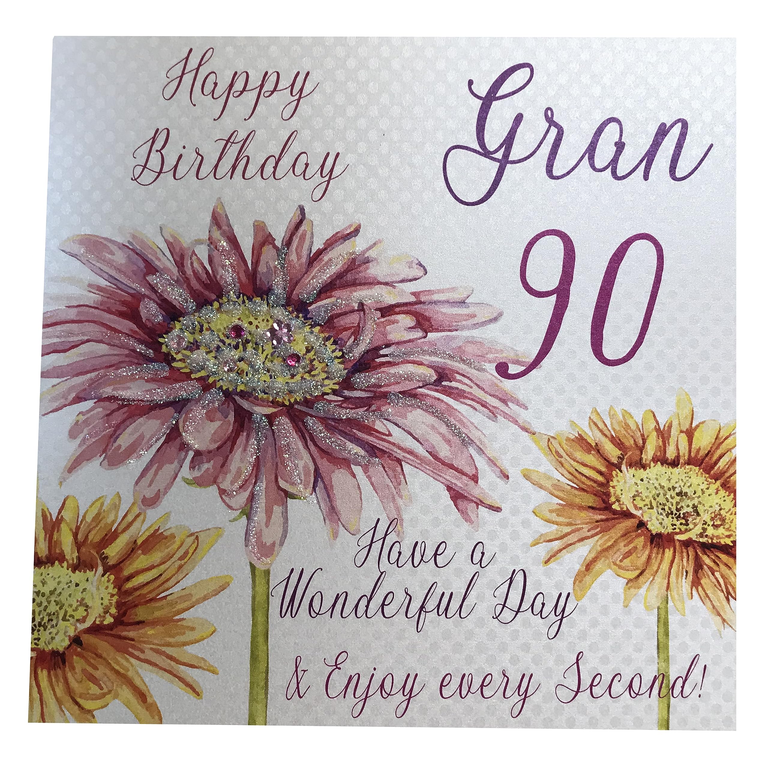 white cotton cards "Pink Gerbera, Happy Birthday 90 Gran Have a Wonderful Day Handmade 90th Birthday Card, White, WBA90-G