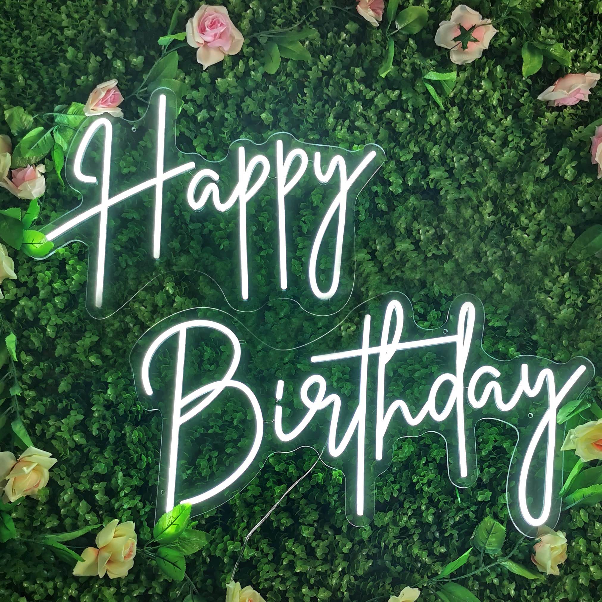 Photo 1 of Large Happy Birthday Neon Signs LED Birthday Light Sign for Backdrop Birthday Party Decorations, Happy Birthday Light Up Sign with Dimmable Switch (Cool White (2 Line))