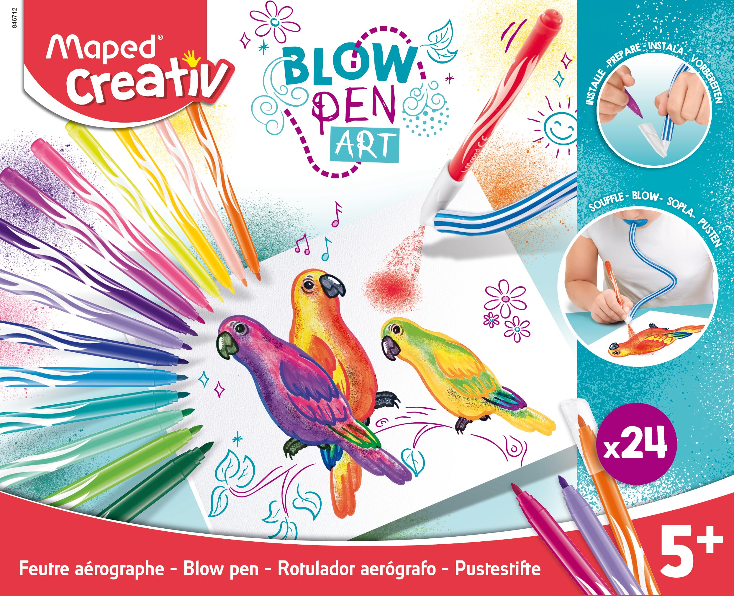 Maped Creativ Blow Art Kit - 24x Felt Tip Pens and 2x Airbrush Tools - Children's Craft Art Kit