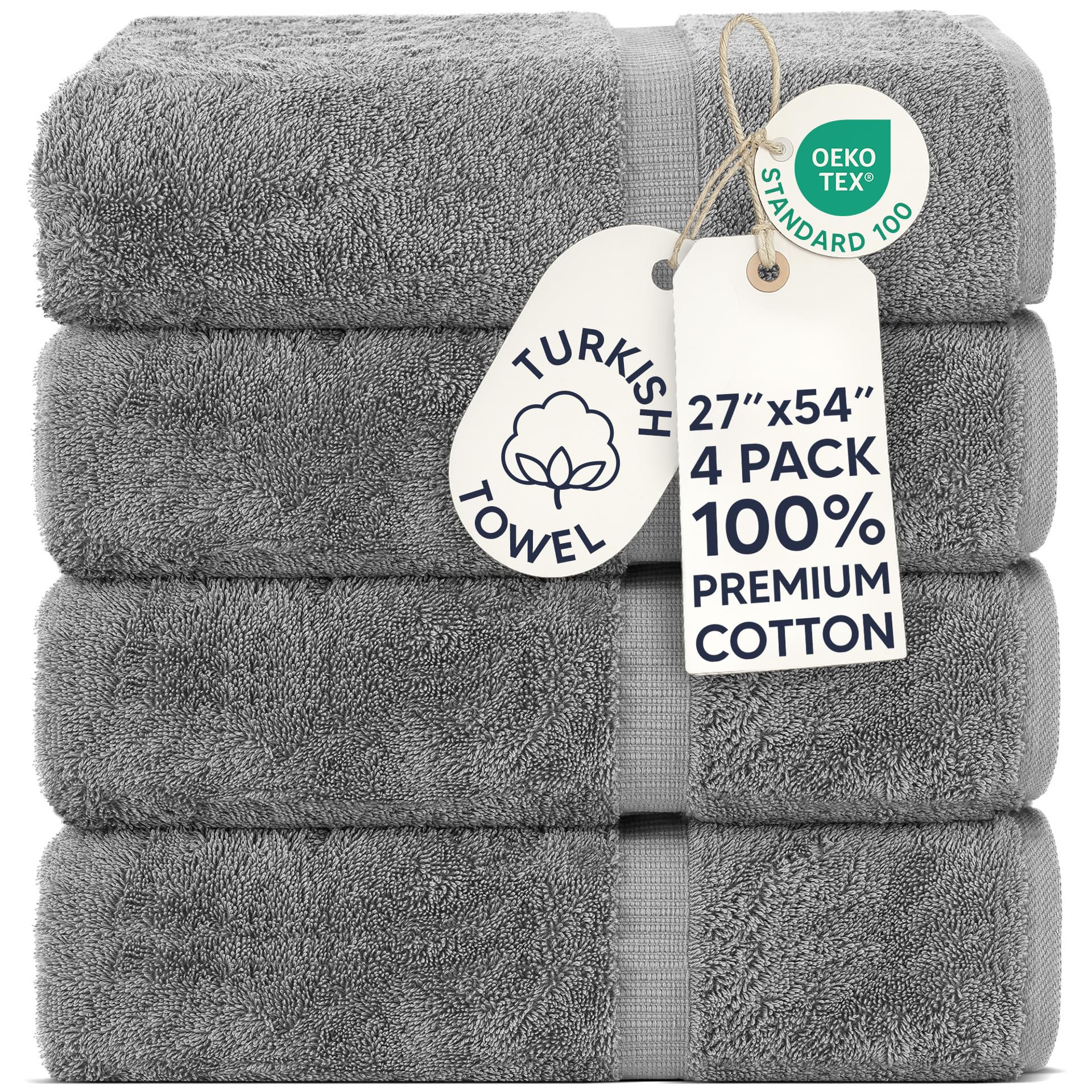 Chakir Turkish Linens 4 Piece Bath Towel Set, 100% Cotton Luxury Turkish Towels for Bathroom, Soft Absorbent Bath Towels, 27 x 54 Inches, Gray