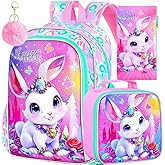 FTJCF 3Pcs Girls Backpack, 16" Bunny Kids Bookbag with Lunch Box，School Backpacks for Elementary Preschool Kindergarten (Pink)