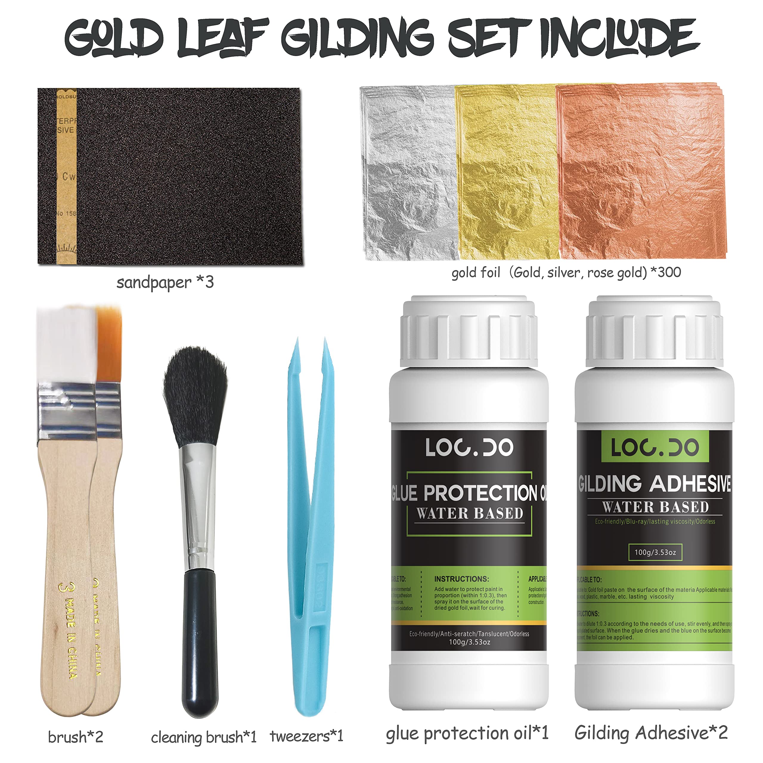 Gilding Adhesive 300ml Set - Water-Based Formula, Non-Toxic & Irritating Odor, Includes 300 PC Gold Leaf Sheets and Protective Paint for Photo Frame Craft, Painting, Furniture and Decoration