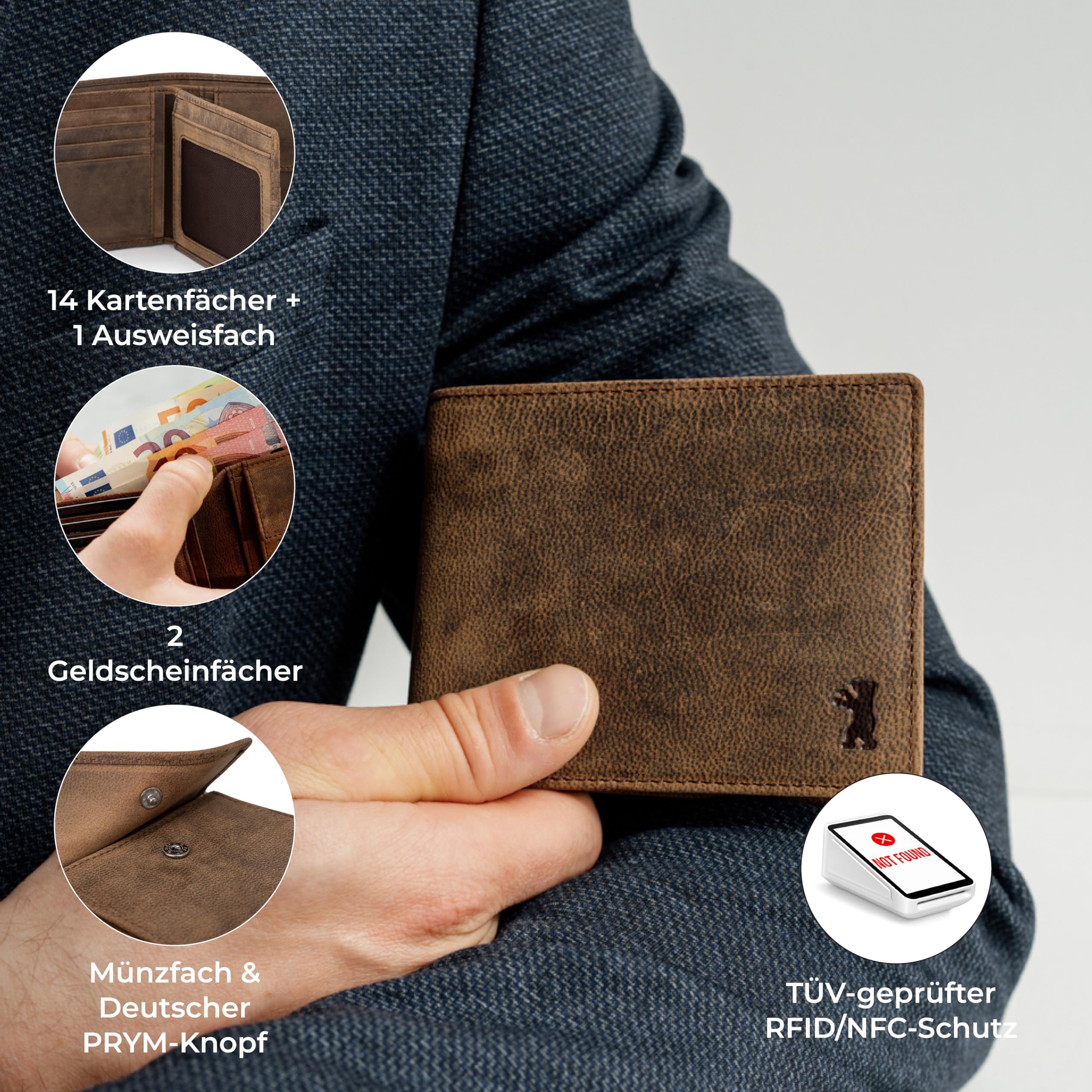Berliner Bags Vintage Geldbörse, Portmonee aus Leder, Geldbeutel mit TÜV-geprüftem RFID-Schutz, für Herren - Braun 5
