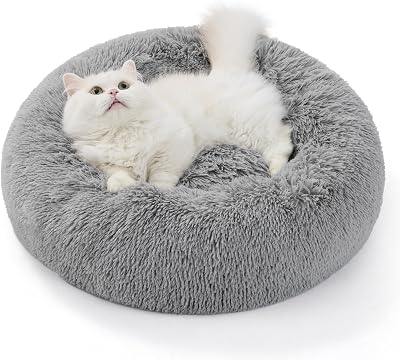 Bedsure Plush Round Cat Bed 50x50x13cm Light Grey Calming Snug Vet Safe