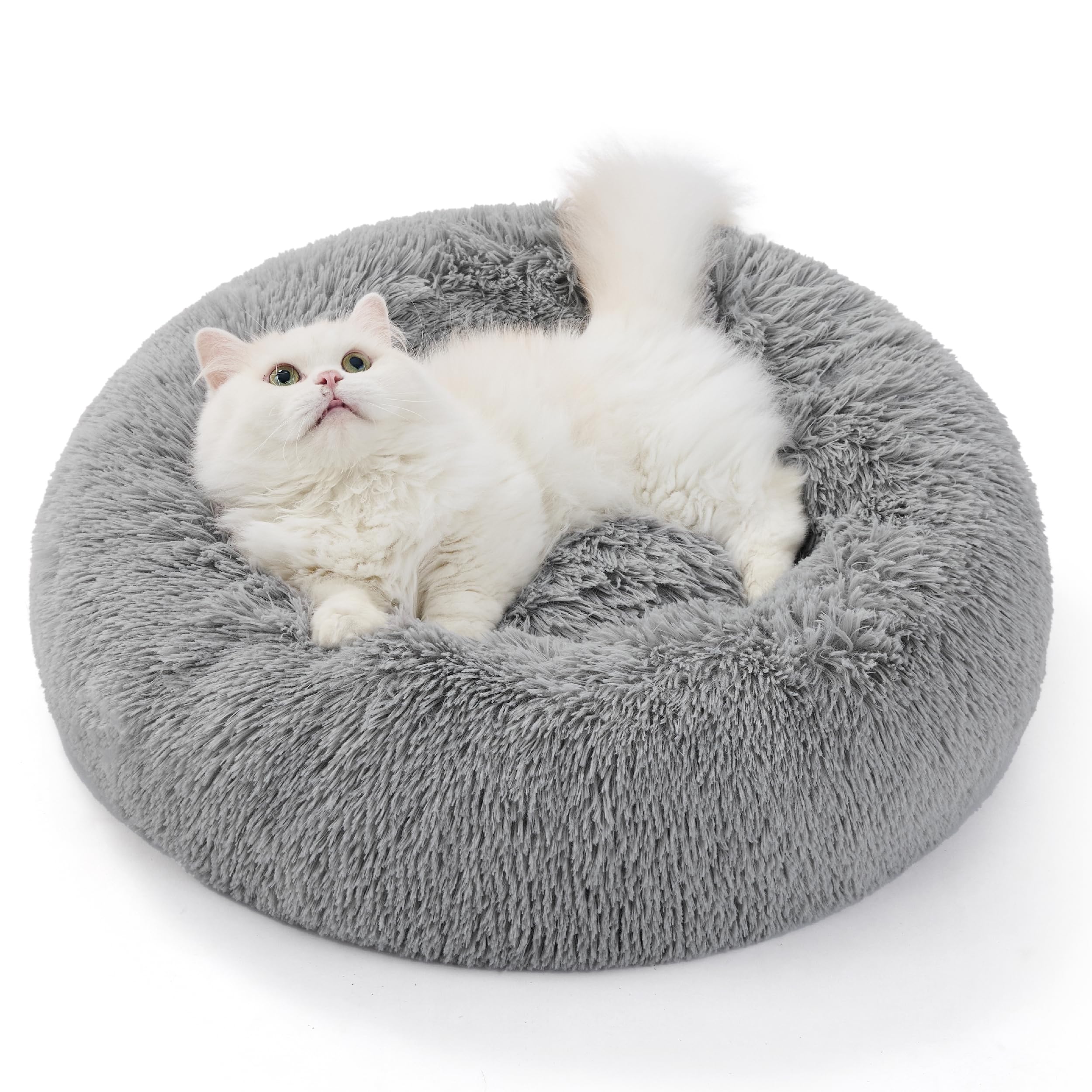 Bedsure Plush Round Cat Bed - 50x50x13cm Washable Cat Beds for Indoor Cats Small Dogs, Fluffy Calming Anti Anxiety Kitten Puppy Bed, Light Grey
