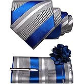 JEMYGINS Mens Striped Tie and Lapel Pin Necktie Pocket Square and Tie Clip Sets for Business Casual 4PCS