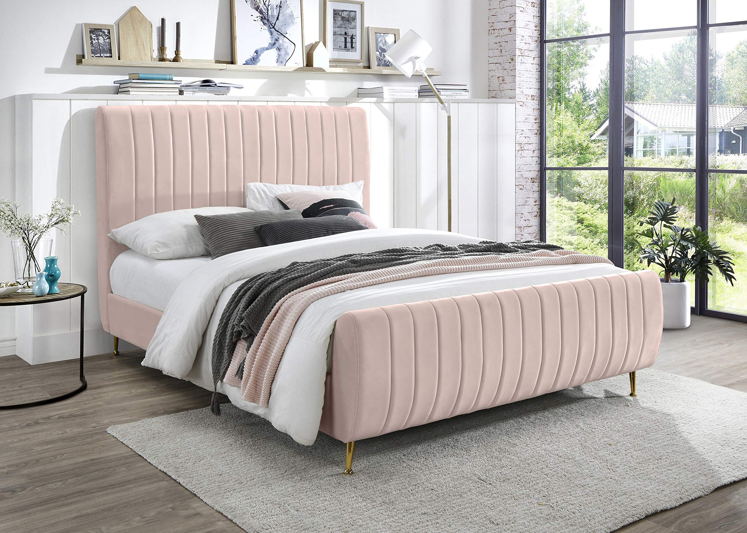 Meridian Furniture Zara Collection Modern | Contemporary Velvet Upholstered Bed with Deep Channel Tufting and Custom Gold Legs, Full, Pink