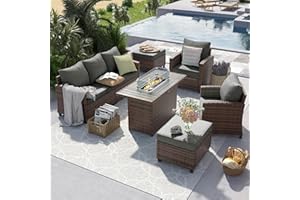 UDPATIO Outdoor Patio Furniture Set with 44" Fire Pit Table, 6 Pieces Sectional Conversation Sets, All-Weather Wicker Rattan Sofa Ottoman with 4" Thick Cushion for Garden Backyard Deck, Dark Grey