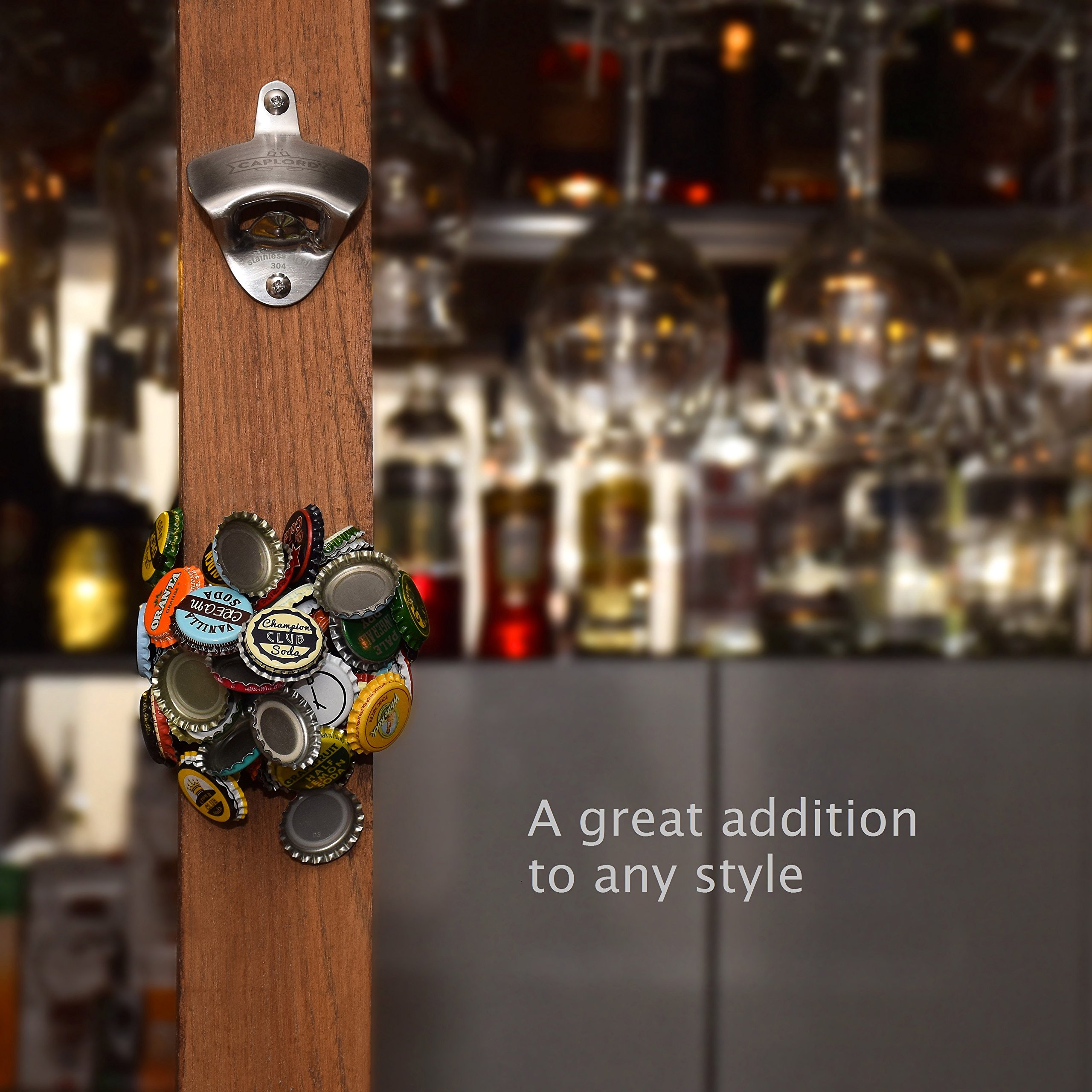 Bottle Opener Wall Mount with Cap Catcher, Stainless Steel, by