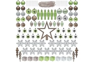 ITART 115pcs Christmas Tree Ornaments Assortment Neutral Including Star Tree Topper Balls Large Snowflakes Pine Cone Beads Garland Hanging Nutcracker Figurines for Christmas Tree Decor