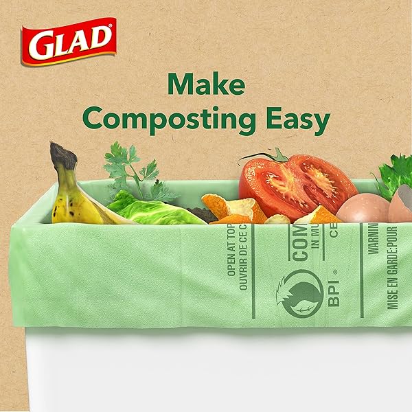 GLAD KITCHEN COMPOST BAGS, 2.6 GALLON SMALL FLAT TOP BAGS, UNSCENTED, 22 COUNT (PACKAGE MAY VARY)