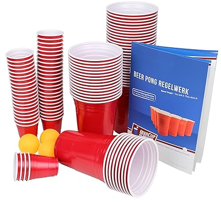 Ultimate Beer Pong Party Paket 100 Rote Partybecher inkl. 100 Red Cup Shots, 6 Bälle & Regelwerk Beer Pong Party Cups Extra S