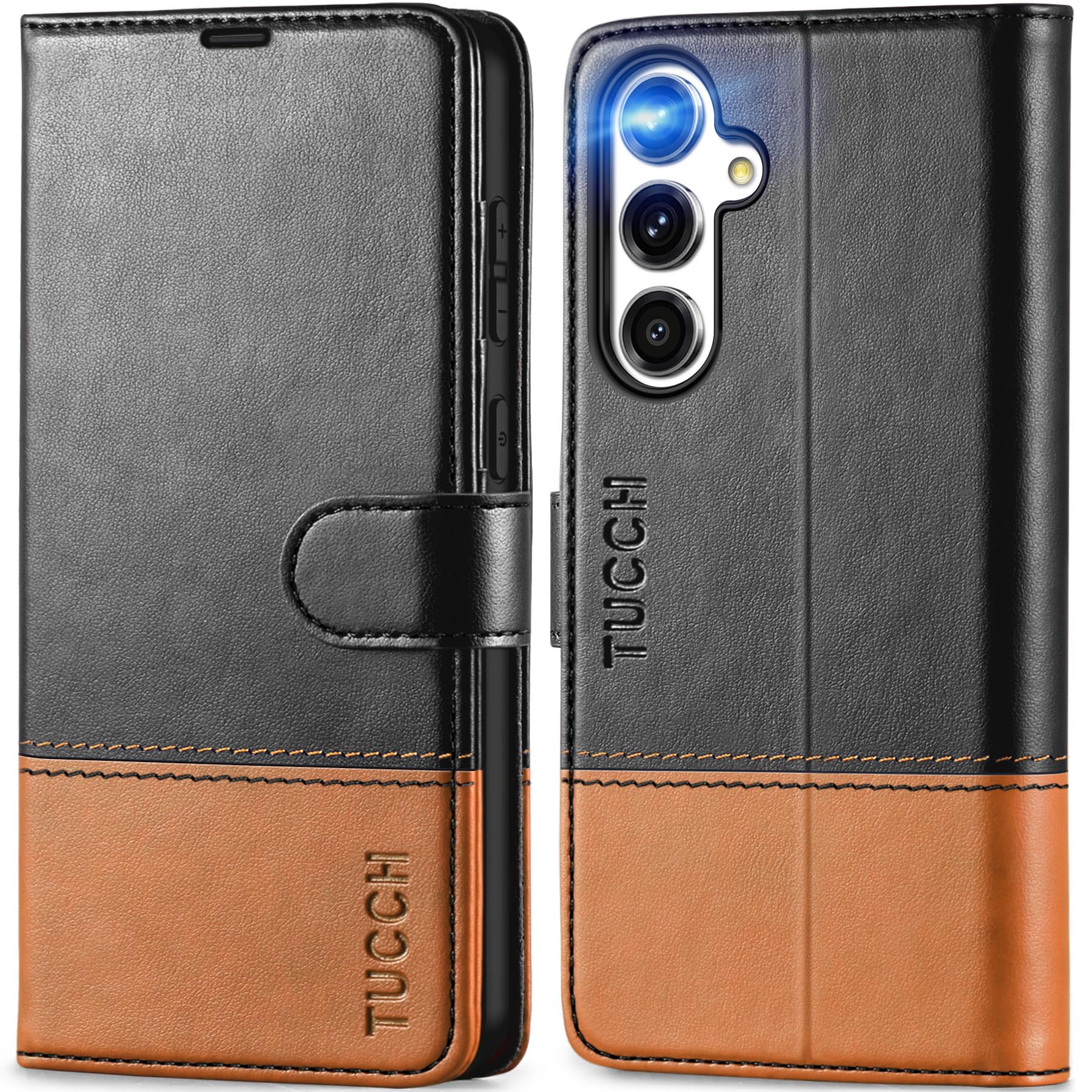 TUCCH Case for Galaxy S24 FE (6.7") 5G, Protective Magnetic PU Leather Wallet Folio Flip Foldable Stand Cover with[RFID Blocking][Card Holder][Shockproof TPU]Compatible with Galaxy S24 FE, Black&Brown