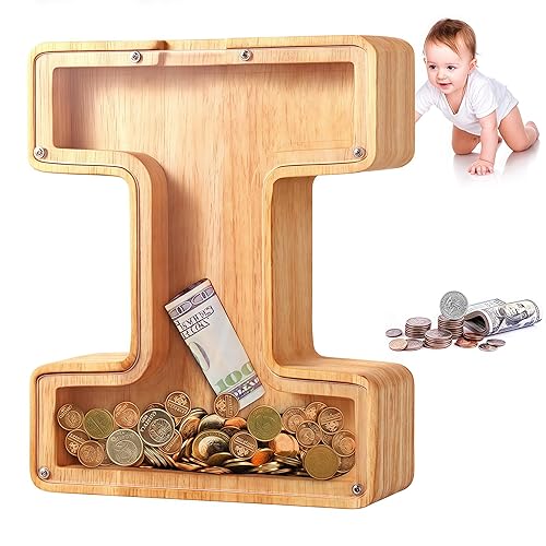 UBeesize Large Piggy Banks Twenty-Six English Alphabet Letter for Boys Girls, Wooden Personalized Bills and Coins Bank Money Box,DIY Name Birthday Gift,Bedroom Living Room Decoration(I)