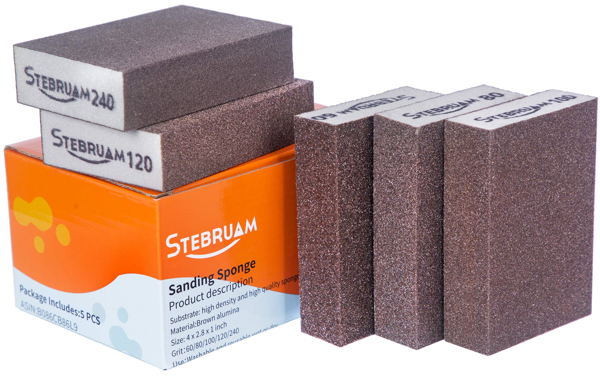 STEBRUAM 5 Pieces Sanding Sponges,Coarse and Fine Sanding Blocks -60/80/100/120/240 Grits 5 Different Specifications Sanding Pads,Washable and Reusable,Sand Paper Pack for Metal Wood and Wall