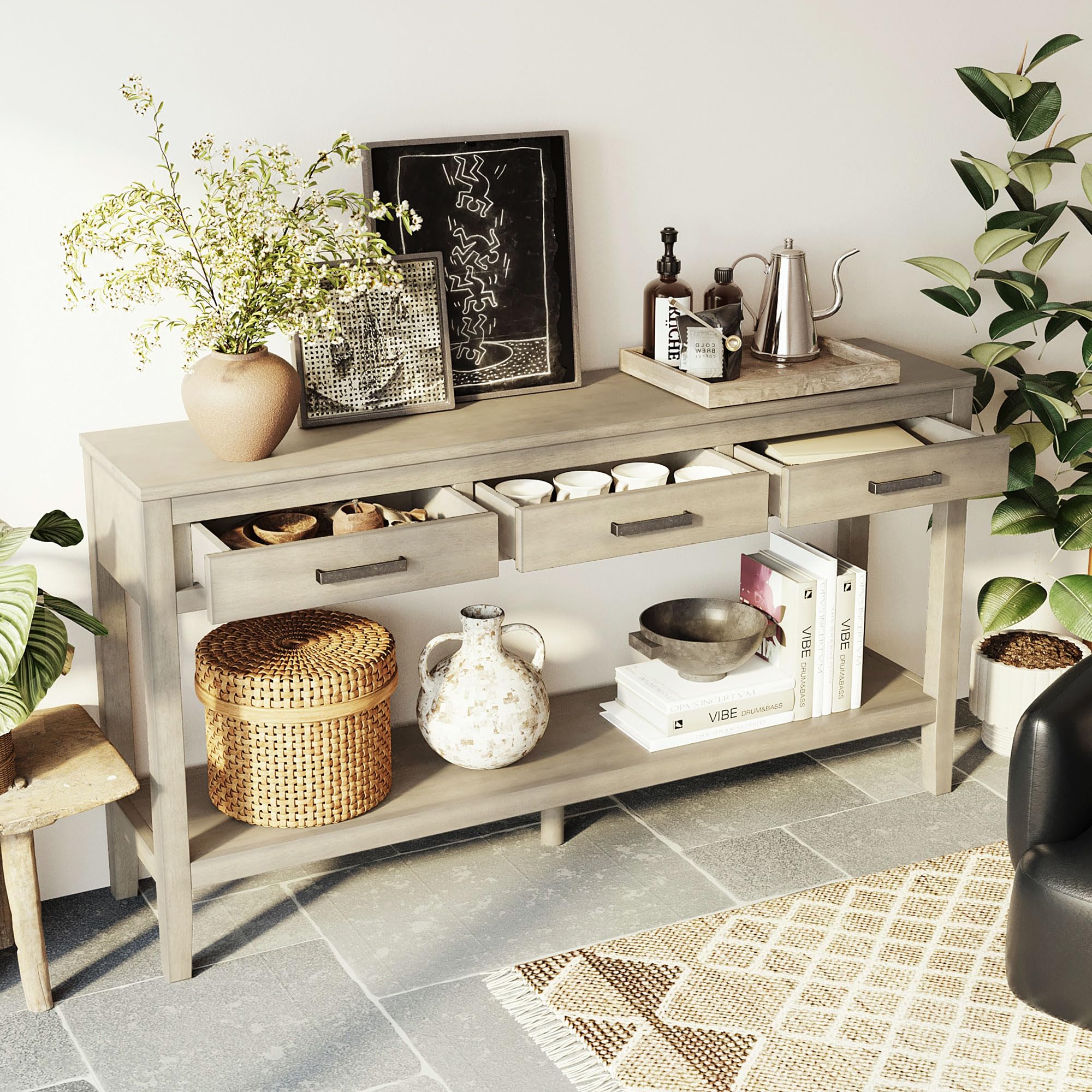 Photo 1 of ***GRAY***Merax Entryway Console Table with Storage, 3 Drawers Design/Wood Frame/Behind Couch & Sofa, Grey