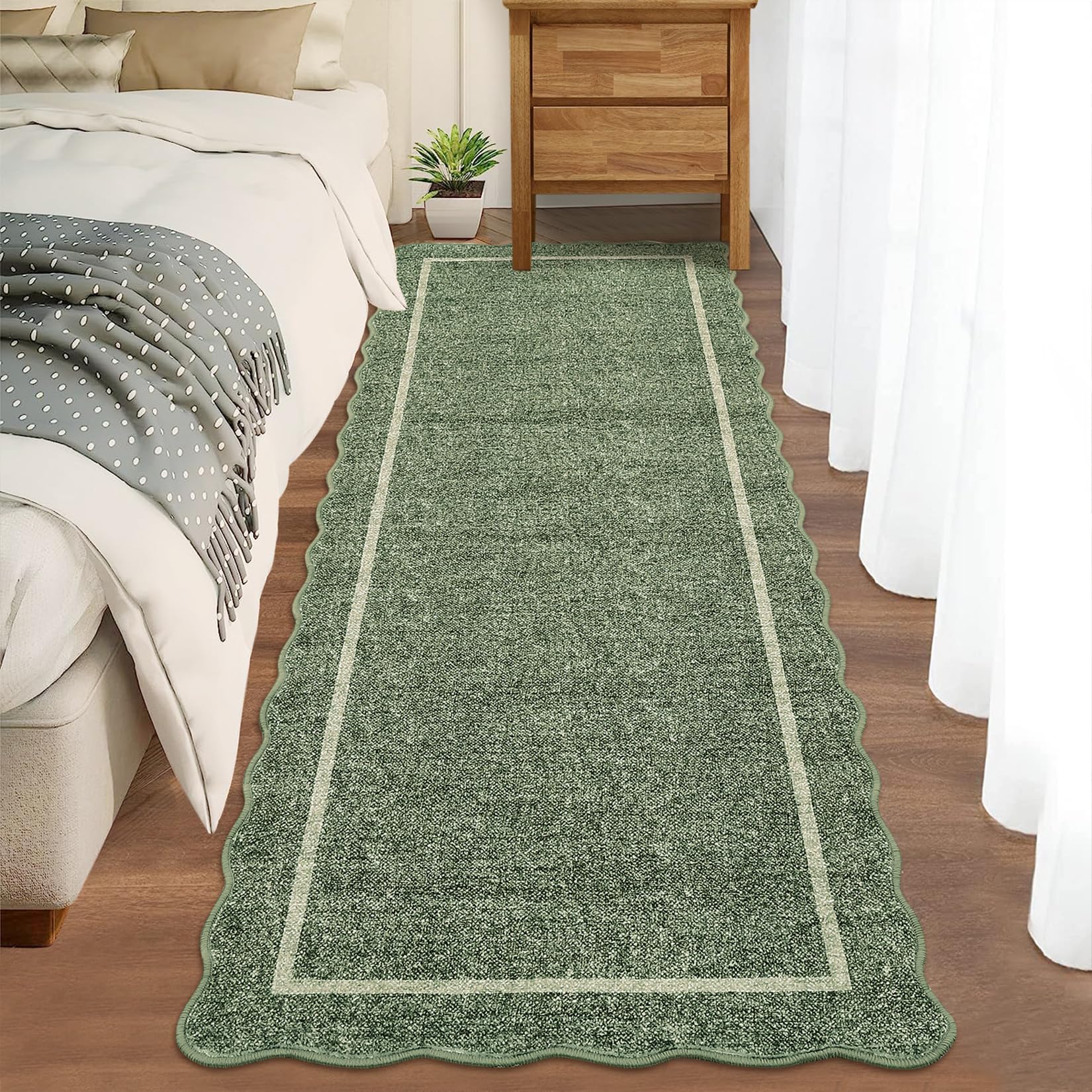 Photo 1 of GarveeHome Scalloped Washable Runner Rug 2x8 Runner Modern Non Slip Kitchen Rugs Entryway Rug Farmhouse Soft Bathroom Rugs Stain Resistant Carpet for Hallway Laundry Bedroom 2'x8' Greyish Green