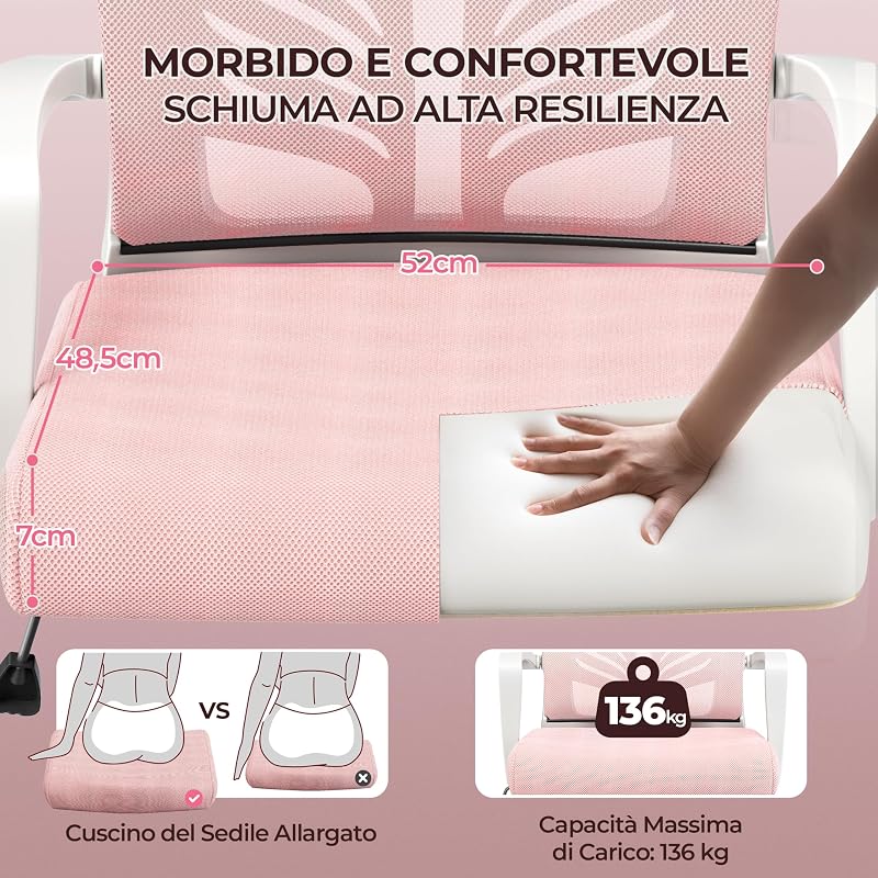 Sedia da Scrivania Ufficio Ergonomica Portata 136kg (2, Rosa)