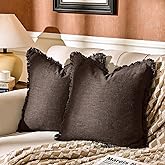 AmHoo Pack of 2 Linen Pillow Covers with Tassels Fringed Decorative Rustic Natural Throw Pillowcase Cushion for Couch Sofa Bedroom 18 x 18-Inch Brown