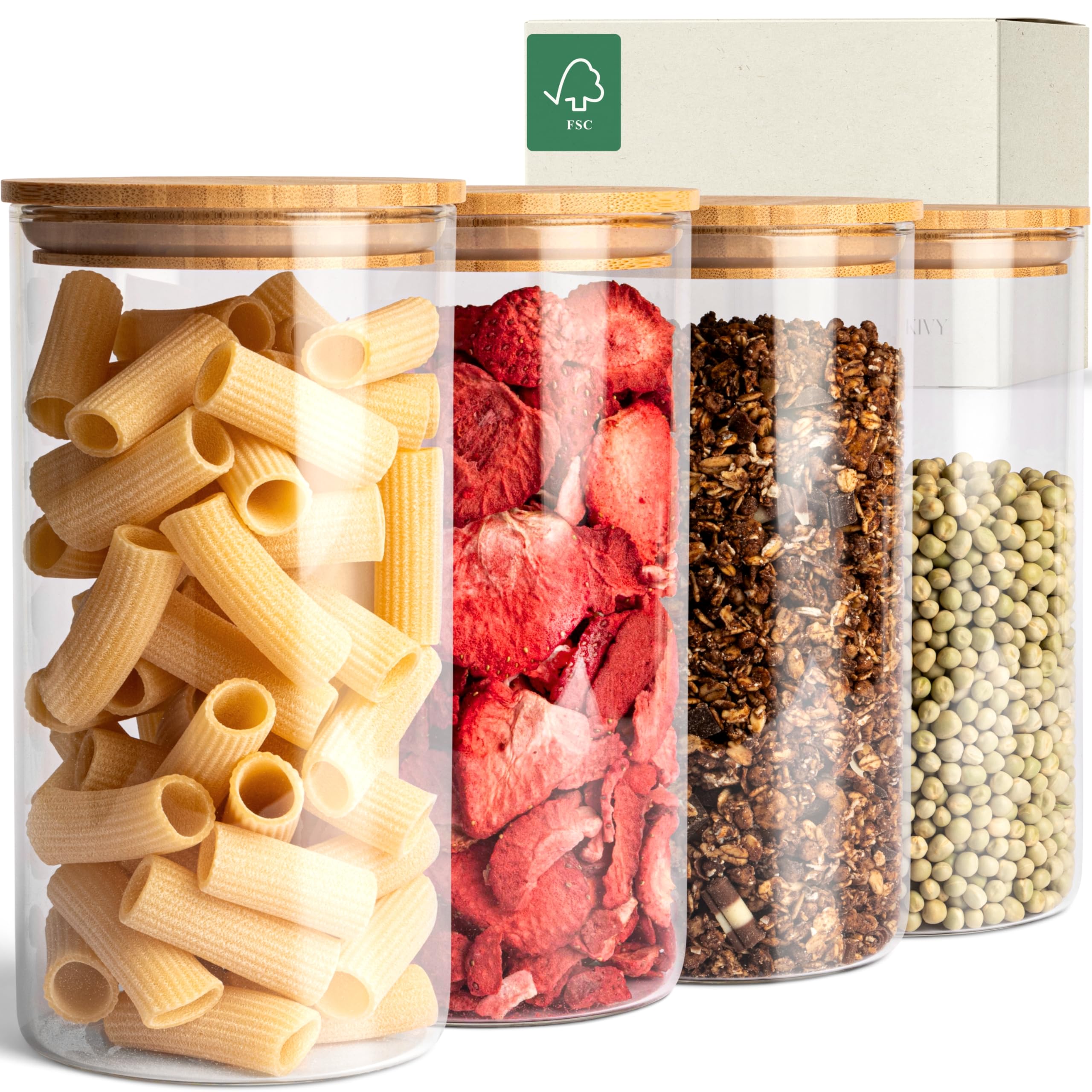 KIVY Decorative Multicolored Glass Storage Jars with Lid, Airtight, 4 x 1200 ml, Round & Square, 4800 ml Capacity, 4 Count — image 1