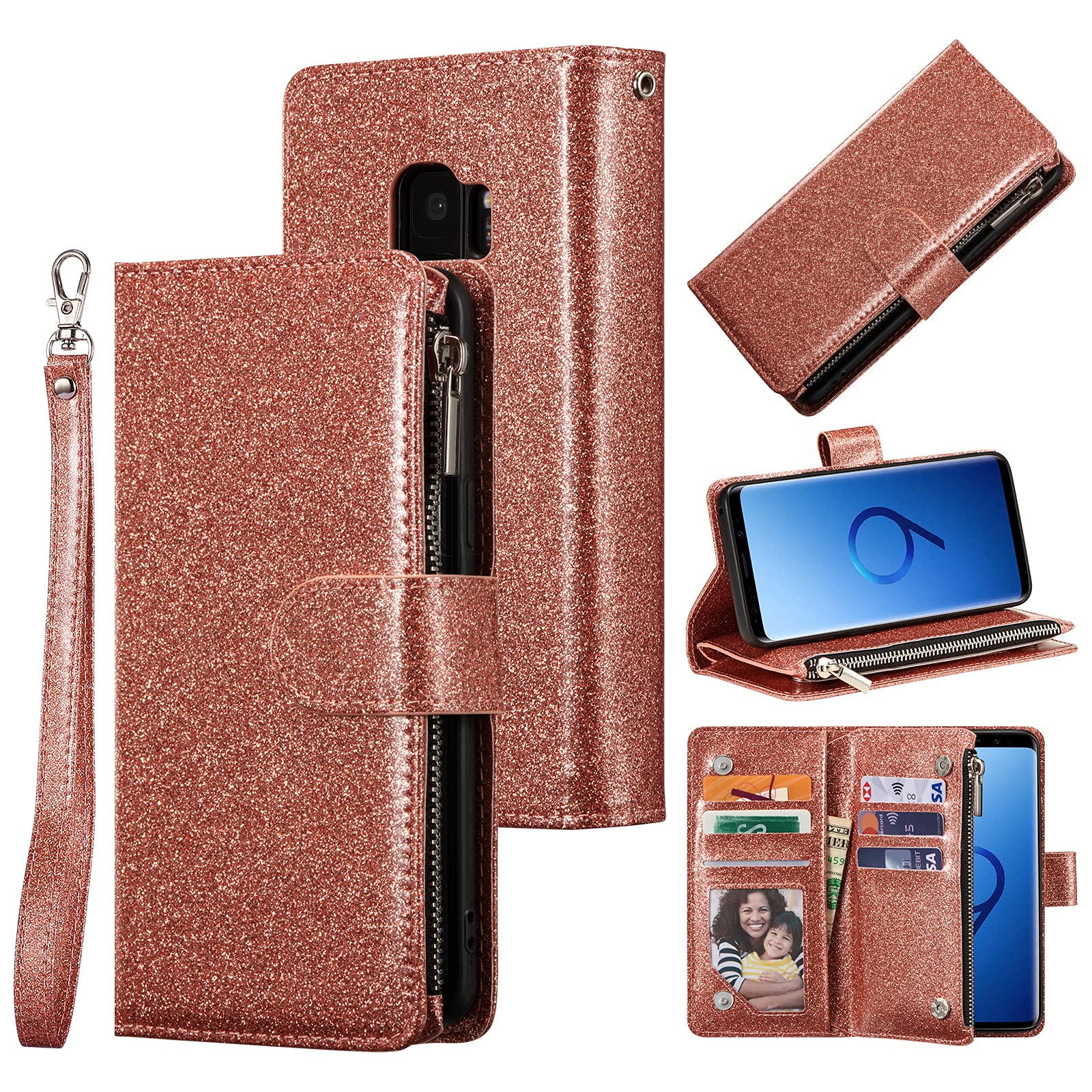 UEEBAI Wallet Case for Samsung Galaxy S9, Premium Glitter PU Leather Case Magnetic Closure Bling Handbag Zipper Pocket Case Kickstand Card Holder Slots Shockproof Flip Cover for Galaxy S9 - Rose Gold