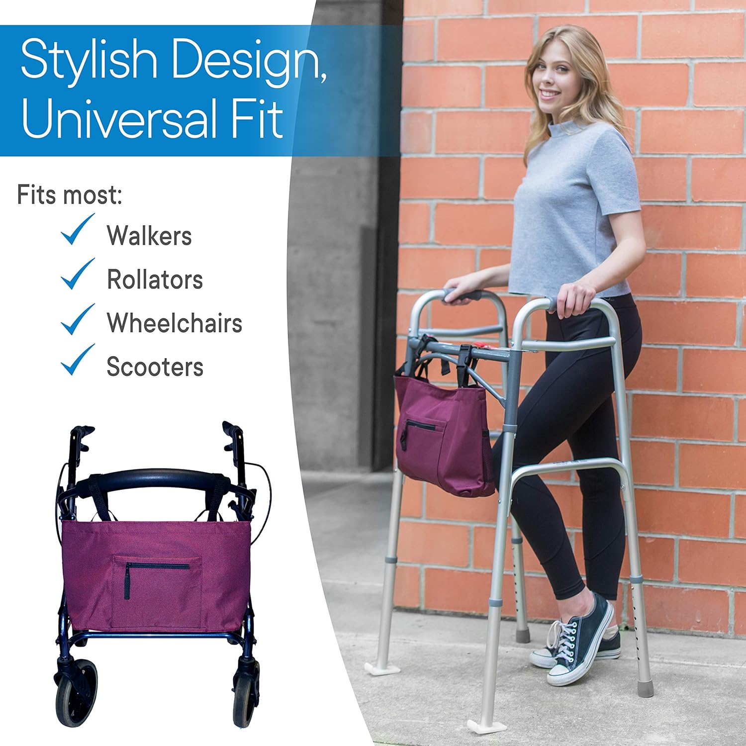 RMS Walker Bag with Soft Cooler - Water Resistant Tote with Temperature Controlled Thermal Compartment, Universal Fit for Walkers, Scooters or Rollator Walkers (Wine): Health & Personal Care
