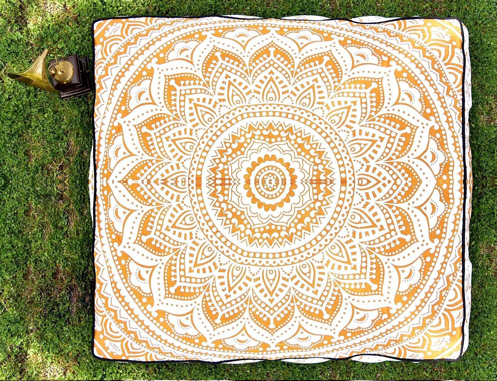 Aakriti Gallery Beautiful Mandala Floor Square Pillowcase Pillow Meditation Cushion Seating Throw Cover Decorative Bohemian Boho Indian Cover Only (35 inch/89 cms) (Gold Ombre)