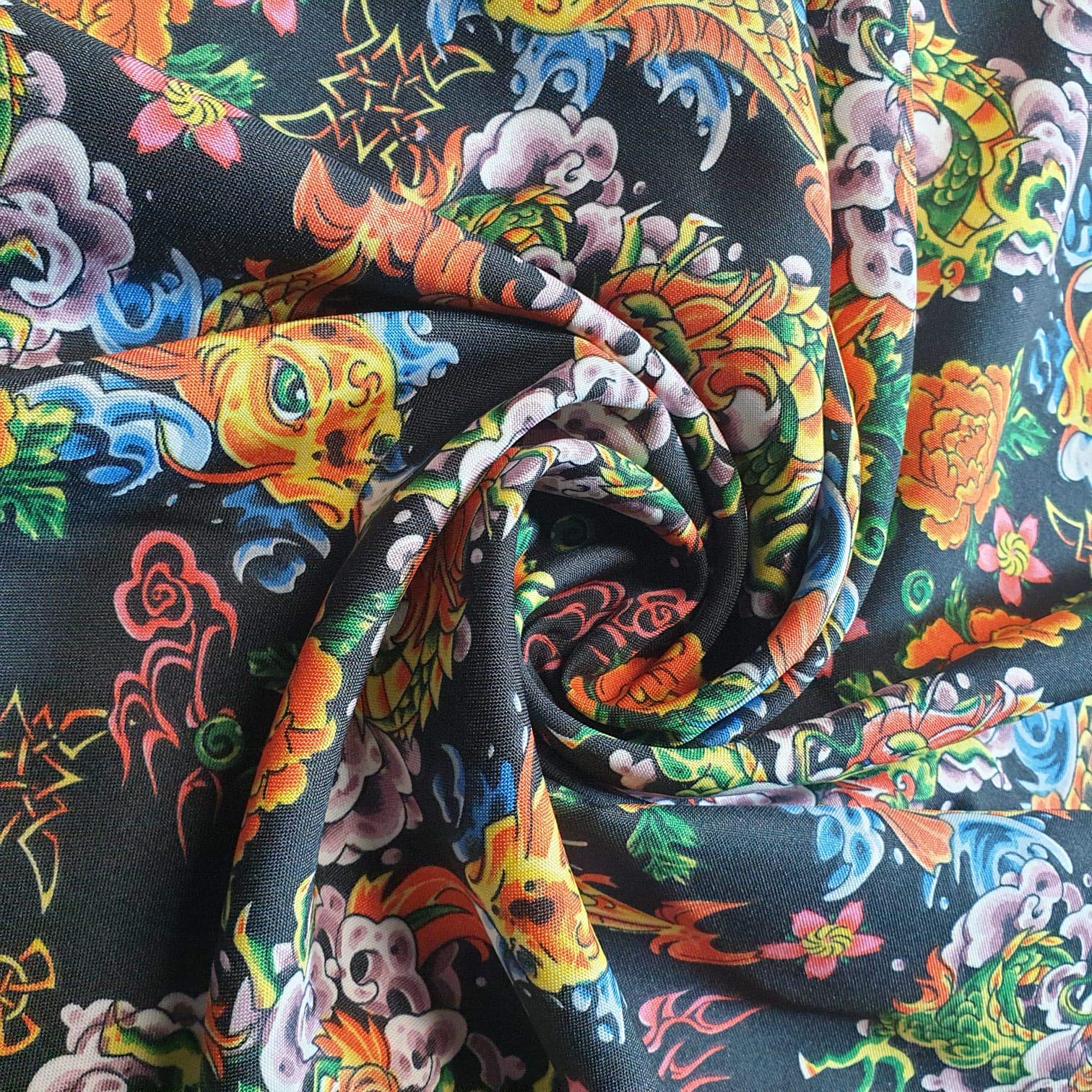 Textile Station Black Base Orange Dragon Print Polyester Quilting Dress Decor Fabric 58" Face Mask Home Furnishing (Orange Fish Black Base)