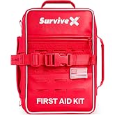SurviveX Large Pro First Aid Kit, Emergency Kit for 5-6 People | Labeled Pockets, Zip Stitch Wound Closures, Quad-fold Organization System, Mountable, Quick Access, for Home, Car, Camping