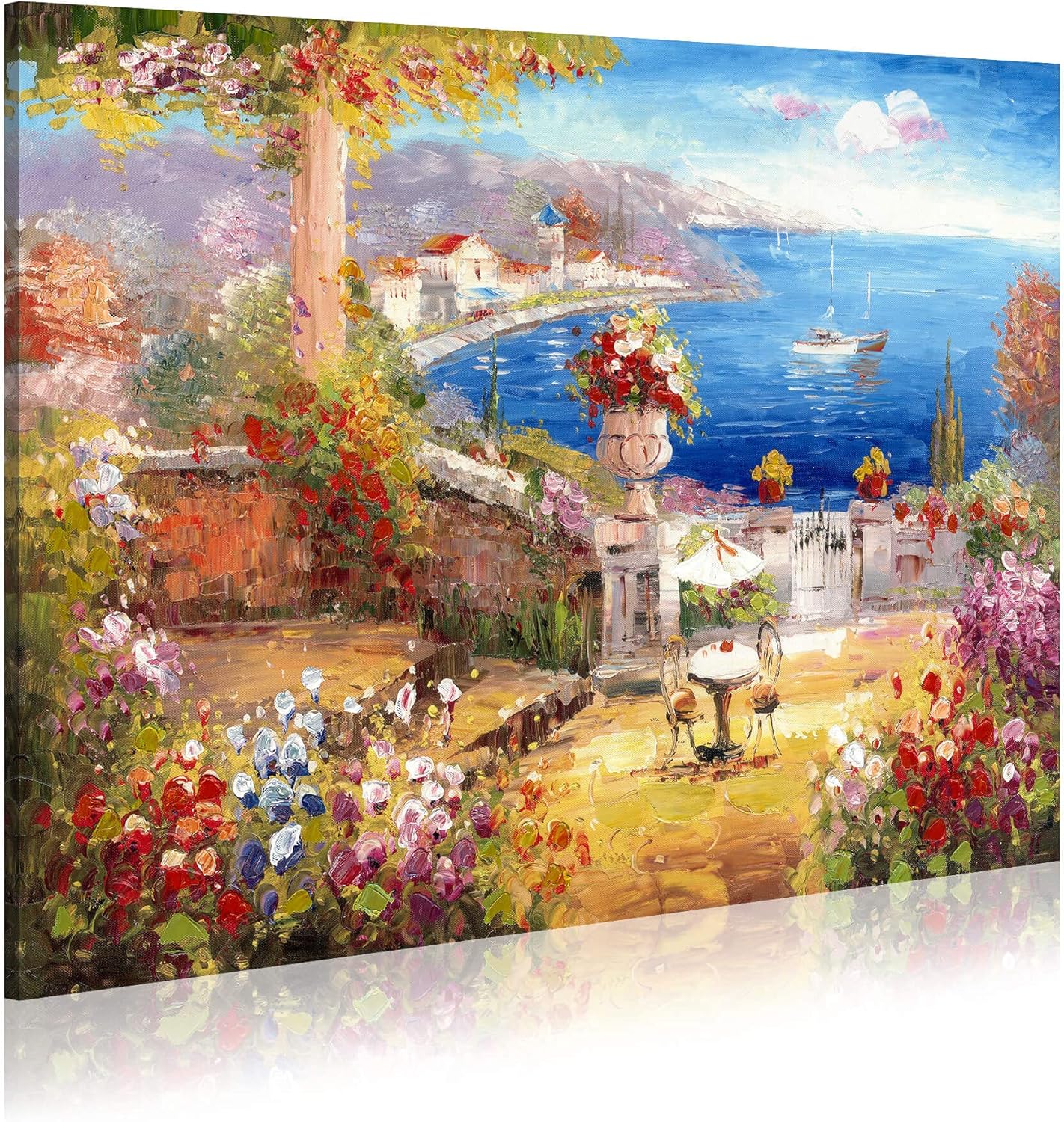 Paintings - WALLSUP DECOR Italian Town Canvas Wall Art - Abstract Hand Painted Heavy Textured Coastal Garden Picture Painting for Bedroom (24 x 18)