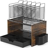 Simple Houseware Mesh Desk Organizer with Wooden Side Board, Rustic Brown | 2 Horizontal Shelves and 5 Upright Sections with Sliding Adjustable Drawer